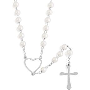 Edforce Stainless Steel Heart and Pearl Rosary with Cross, 29.5 inch