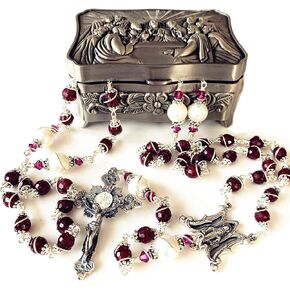 elegantmedical HANDMADE STERLING SILVER UNDOUBTED RUBY BEADS ROSARY CROSS CATHOLIC NECKLACE GIFT BOX