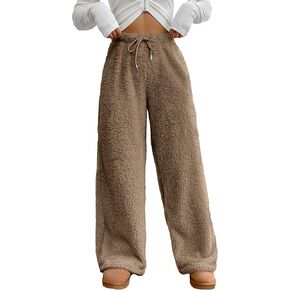 COZYEASE Women's Drawstring Waist Teddy Wide Leg Pants Loose Fuzzy Pants Casual Trousers