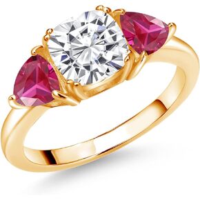 Gem Stone King 18K Yellow Gold Plated Silver White Moissanite and Red Created Ruby 3 Stone Engagement Ring For Women (2.56 Cttw, Gemstone Birthstone, Available In Size 5, 6, 7, 8, 9)