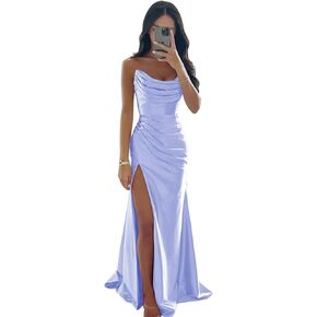Womne's Mermaid Strapless Prom Dresses Long with Slit Pleated Satin Bridesmaid Dress for Wedding