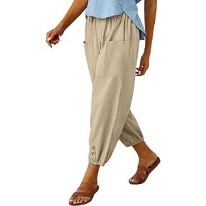 Women's High Waist Pants Drawstring Capri Pants with Pockets Wide Leg Cropped Pants for Women