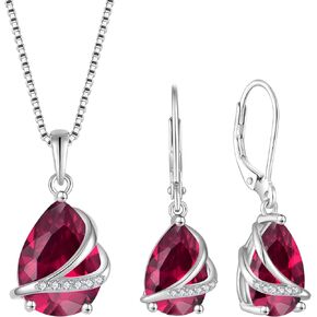 Rocayi Teardrop Jewelry Set for Women 925 Sterling Silver Ruby July Birthstone Necklace Leverback Earrings Gifts for Wife Girlfriend Mother Daughter Her