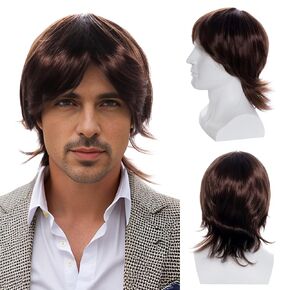 Mens Short Brown Wig Curly Wigs Natural Fluffy Layered Synthetic Hair Wig Heat Resistant Costume Wigs Anime Fashion Halloween Christmas Cosplay Party