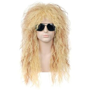 BERON 70s 80s Wig Punk Wig Rocker Wig for Men and Women Long Curly Mullet Wig Heat Resistant Synthetic Cosplay Funny Costume Wig (Black)