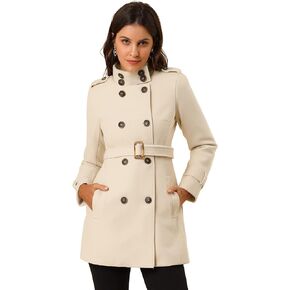 Allegra K Women's Stand Collar Double Breasted Pockets Trendy Outwear Winter Coat with Belt