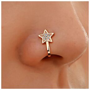 Punk Crystal Nose Ring Gold Cz Star Non Piercing Nose Ring Paved Cz Star Nose Ring Hoop Rhinestone North Star Nose Ring Jewelry for Women and Girls Gifts