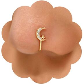 Erimberate Punk Crystal Nose Ring Gold Moon Star Clip On Nose Ring Crystal Crescent Moon Nose Ring Rhinestone Moon Star Nose Ring Hoop Jewelry for Women and Girls Gifts
