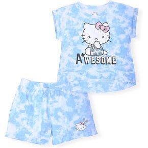 Hello Kitty Girls 2-Piece Fashion Tee Shirt and Active Short Set with Tie Front Top and Fashion Dolphin Shorts Summer Clothes for Little Girls (Light Blue, 3T)