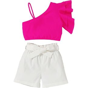 OYOANGLE Girl's 2 Piece Outfits Asymmetrical Neck Ruffle Trim Crop Top and Belted Shorts Set in Saudi Arabia