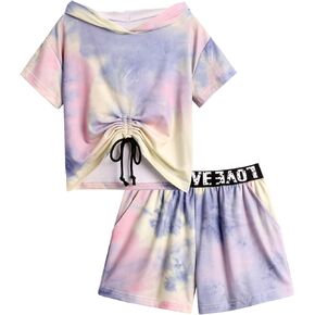 Arshiner Girls 2 Piece Outfits Summer Clothing Sets Short Sleeve Drawstring Hoodie T-Shirt and Letter Print Waist Short