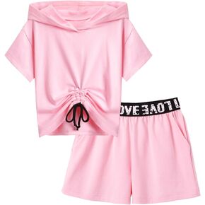 Arshiner Girls 2 Piece Outfits Summer Clothing Sets Short Sleeve Drawstring Hoodie T-Shirt and Letter Print Waist Short