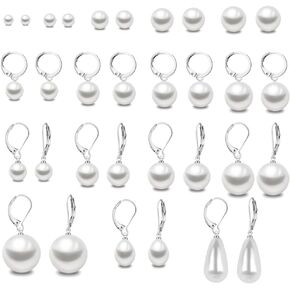 16 Pairs Pearl Earrings Sets.Composite Mixed Sizes Imitation Pearl Jewelry,Hypoallergenic Surgical Steel Stud & Hoop Dangle Earrings for Daily Wear Gift for Wife Mom Girlfriend Women Girls