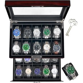 ANWBROAD Watch Box 20 Slots Watch Case for Men with Large Glass Lid 2-Tier Watch Display Case Lockable Watch Organizer Giftable Luxurious Watch Holder UJWB002Y