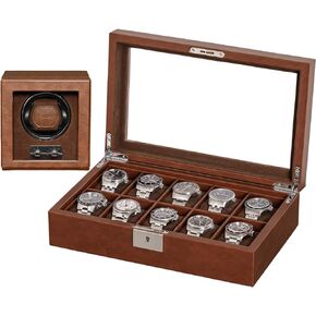 ROTHWELL Gift Set 10 Slot Leather Watch Box & Matching Single Watch Winder - Luxury Watch Case Display Organizer, Locking Men's Jewelry Watches Holder, Men's Storage Boxes Glass Top Tan/Brown