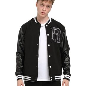 Men's Varsity Jacket with Black Letterman Baseball Style and Leather Sleeves