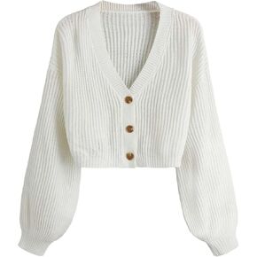 COZYEASE Women's Long Sleeve Button Down Crop Cardigan Sweater Ribbed Knit V Neck Sweater Knit Bolero Shrug