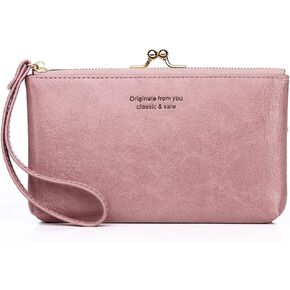 Yohora Wristlet Clutch Slim Leather Wallet Kiss Lock Handbag with Cellphone Pocket Retro Lightweight Pure Mini Coin Pouch