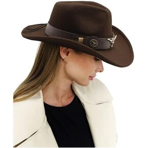 Classic Felt Cowboy Cowgirl Hat Vintage Fedora Hat Wide Brim Cowboy Hat with Buckle Belt for Women Men
