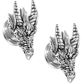 Pierced Owl 316L Stainless Steel Dragon Head Screw Fit Plugs, Sold as a Pair