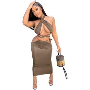 BYDIVA Women's 2021 Sexy Halter Neck Multi Wear Tops Straps Dress 2 Piece Set Outfit