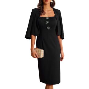 GRACE KARIN Women's 2024 Work Business Casual 2 Piece Outfits Midi Pencil Dress with 3/4 Sleeve Blazer Jacket Suit Sets