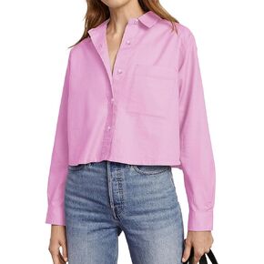 siliteelon Button Down Shirts for Women Cotton Cropped Long Sleeve Button Up Shirts Crop Shirts Tops Blouse with Pocket
