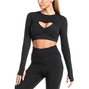 Workout Tops for Women Long Sleeve Bolero Shrug Super Cropped Hoodie Tops Cutout Athletic Yoga T Shirts