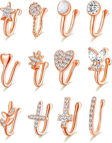 Fxiqini 12 قطعة من أساور الأنف الصناعية الأفريقية غير المثقوبة المرصعة بالزركونيا المكعبة على حلقة الأنف على شكل نجمة زهرة ورقة قلب CZ على شكل حلقة أنف وهمية للنساء والرجال باللون الفضي والذهبي الوردي in Kuwait