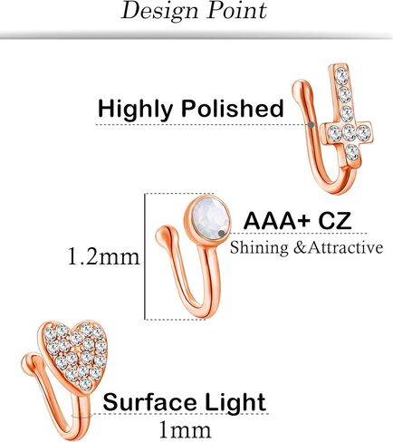 Fxiqini 12 قطعة من أساور الأنف الصناعية الأفريقية غير المثقوبة المرصعة بالزركونيا المكعبة على حلقة الأنف على شكل نجمة زهرة ورقة قلب CZ على شكل حلقة أنف وهمية للنساء والرجال باللون الفضي والذهبي الوردي in Kuwait