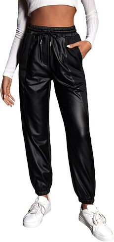 MakeMeChic Women's Faux Leather Pants Drawstring High Waist PU Leather Jogger Pants with Pockets in Kuwait