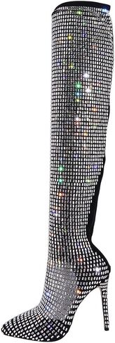 حذاء نسائي من Onlymaker مرصع بحجر الراين فوق الركبة مع سحاب خلفي بمقدمة مدببة وكعب عالٍ مرصع بفخذ عالي in Kuwait