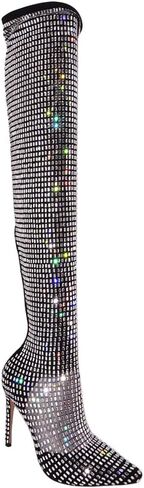 حذاء نسائي من Onlymaker مرصع بحجر الراين فوق الركبة مع سحاب خلفي بمقدمة مدببة وكعب عالٍ مرصع بفخذ عالي in Kuwait