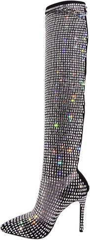 حذاء نسائي من Onlymaker مرصع بحجر الراين فوق الركبة مع سحاب خلفي بمقدمة مدببة وكعب عالٍ مرصع بفخذ عالي in Kuwait