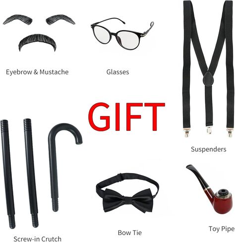 IMEYLE مجموعة 10 قطع من شعر مستعار للرجال القدامى (الحواجب + الشارب + النظارات + قصب + الحمالات + ربطة عنق + أنبوب) 100 يوم من المدرسة طقم ملحقات زي الجد قصير فضي رمادي شعر مستعار للرجال لحفلات الهالوين + قبعة شعر مستعار in Kuwait
