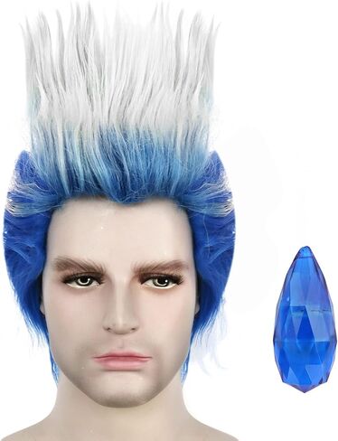 Anogol Wig Cap+( 1 Blue Magic Stone ) Short Blue Gradient White Wig for Men Short Straight Wig Synthetic Wig for Movie Cosplay Costume Wig for Halloween Party in Saudi Arabia