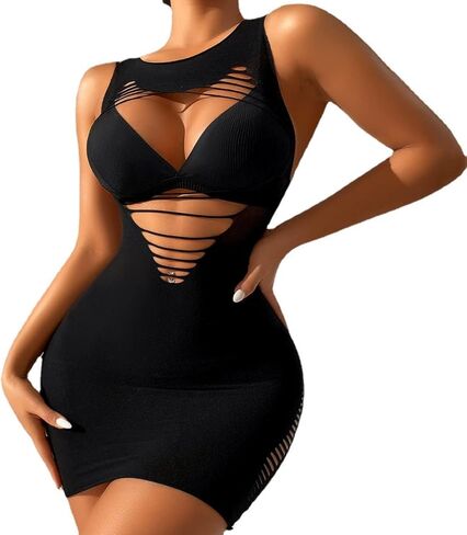 DDMMQS women's mesh dress fishnet dress hollow out jumpsuit sexy fishnet underwear in Saudi Arabia