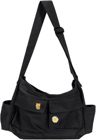 Canvas Messenger Bag Large Crossbody Bags with Multiple Pockets,School Vintage Shoulder Laptop Bag for Women and Men-Black in Saudi Arabia