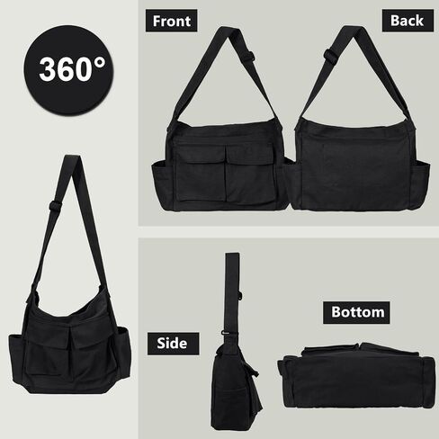 Canvas Messenger Bag Large Crossbody Bags with Multiple Pockets,School Vintage Shoulder Laptop Bag for Women and Men-Black in Saudi Arabia
