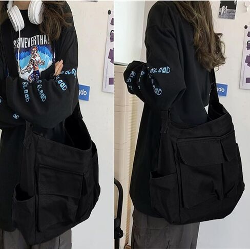 Canvas Messenger Bag Large Crossbody Bags with Multiple Pockets,School Vintage Shoulder Laptop Bag for Women and Men-Black in Saudi Arabia