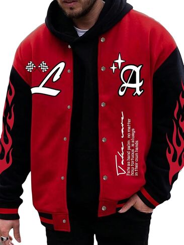 WDIRARA Men's Letter Graphic Baseball Jacket Striped Trim Drop Shoulder Long Sleeve Varsity Outerwear Without Hoodie Red Black Large in Saudi Arabia