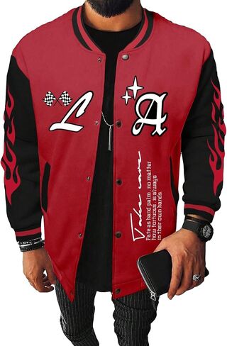 WDIRARA Men's Letter Graphic Baseball Jacket Striped Trim Drop Shoulder Long Sleeve Varsity Outerwear Without Hoodie Red Black Large in Saudi Arabia