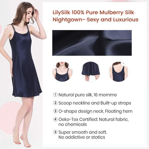 ثوب نوم حريري 100% من LilySilk للنساء 19 ملم حرير التوت قصير قميص نوم مثير للسيدات، أزرق داكن M in Kuwait