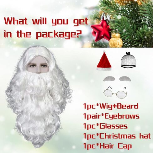 Anogol Wig Cap+ Santa Claus Wig with Beard( 2 Eyebrows + 1 Christmas Hat ) Santa Wig Cosplay Santa Claus Beard and Wig Set White Beard Wig Synthetic Hair for Christmas Costume Halloween Party Wig in Saudi Arabia