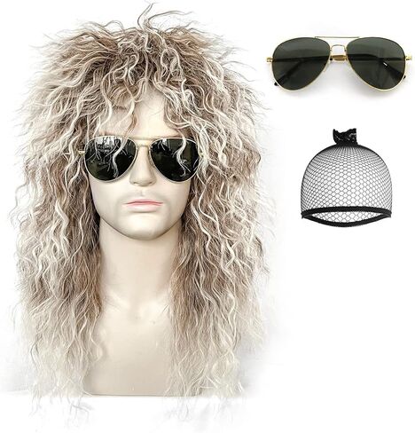 ANOGOL Hair Cap+Long Curly Wig With Brown Gradient White Wig 80S Costumes For Men Rockstar Synthetic Wig For Cosplay Costume Party in Kuwait