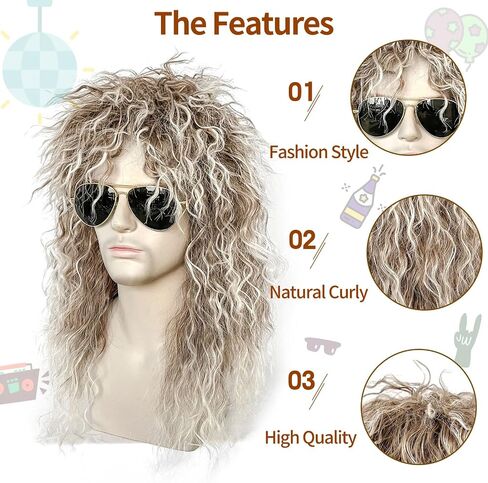 ANOGOL Hair Cap+Long Curly Wig With Brown Gradient White Wig 80S Costumes For Men Rockstar Synthetic Wig For Cosplay Costume Party in Kuwait