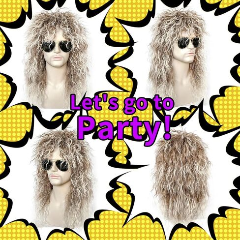 ANOGOL Hair Cap+Long Curly Wig With Brown Gradient White Wig 80S Costumes For Men Rockstar Synthetic Wig For Cosplay Costume Party in Kuwait