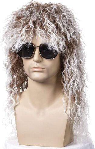 QACCF 80s الباروكات أزياء الهالوين شعر مستعار ذكر طويل Culry Punk معدن ثقيل شعر مستعار البوري (مزيج رمادي) in Kuwait