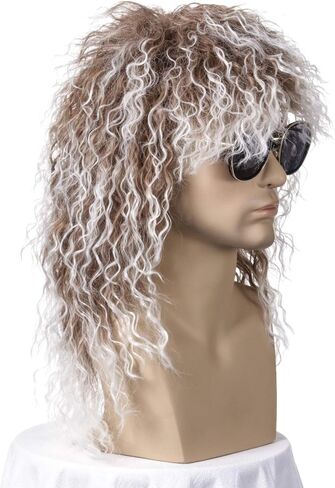 QACCF 80s الباروكات أزياء الهالوين شعر مستعار ذكر طويل Culry Punk معدن ثقيل شعر مستعار البوري (مزيج رمادي) in Kuwait