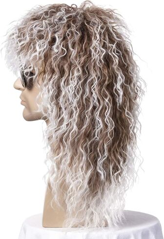 QACCF 80s الباروكات أزياء الهالوين شعر مستعار ذكر طويل Culry Punk معدن ثقيل شعر مستعار البوري (مزيج رمادي) in Kuwait